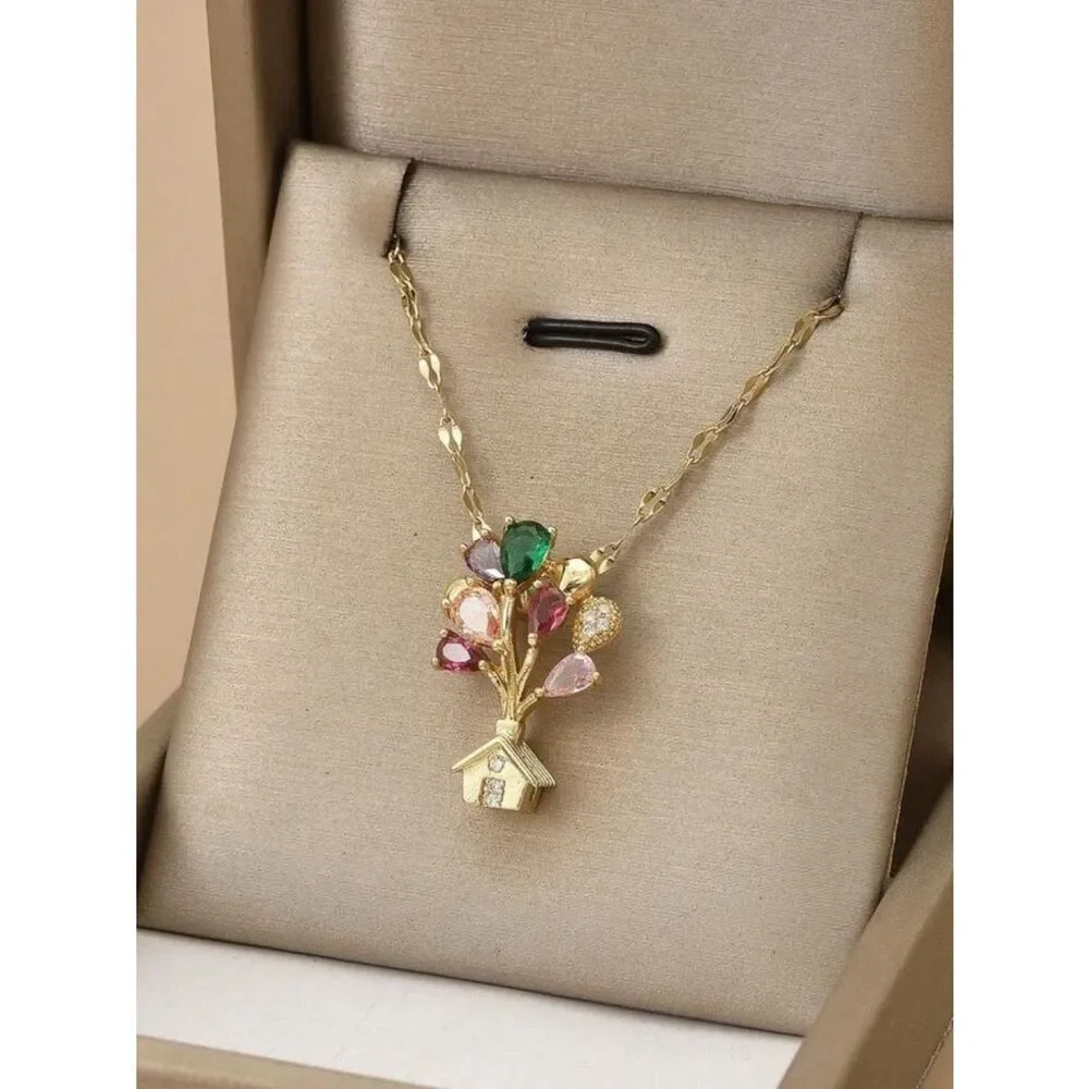 Gold-Plated Multicolor Gem Tree House Pendant Necklace R 592